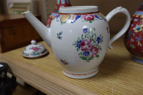 A pair of Chinese garlic neck vases and a famille rose teapot